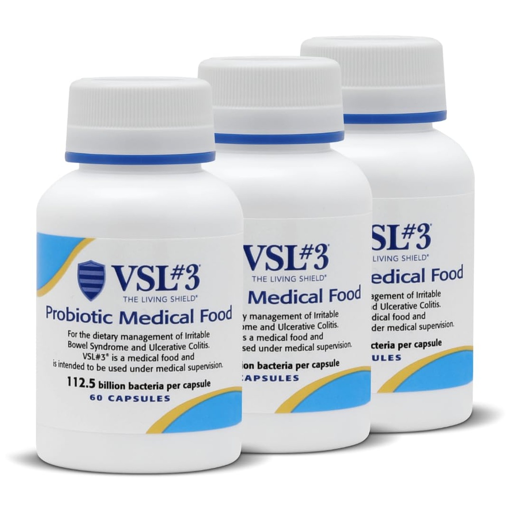 VSL #3® Probiootit Dgestive Health, IBS & UC Oireet - 112,5B PMY, High-Potency, Multi-Strain, Live, Kylmäkuivattu Probiootti, Lääketieteellinen ruoka Gut Health Tuki miehille ja naisille, 180 kapselia