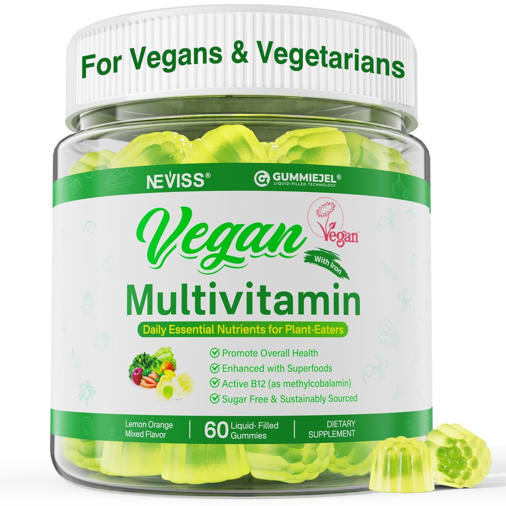 NEVISS Vegaani monivitamiini naisille ja miehille w/Metyyli B12, D3 K2, kasvipohjainen Omega 3 (DHA+EPA), rauta, koliini, sinkki, koko ruoka päivittäin vitamiineja Gummies for Vegans & Vegetarians, Sokeriton, 60Cts