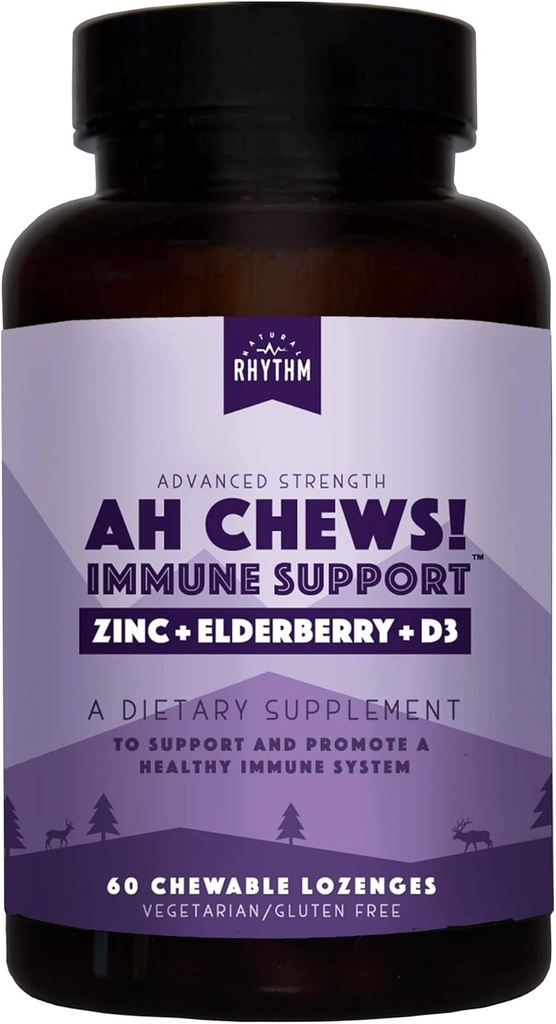 Naturlig rytm Ah Chews! Immun Booster Lozenges för barn och vuxna, No Added Sugar, med Elderberry, Zinc & Vitamin D3, 60 kapslar