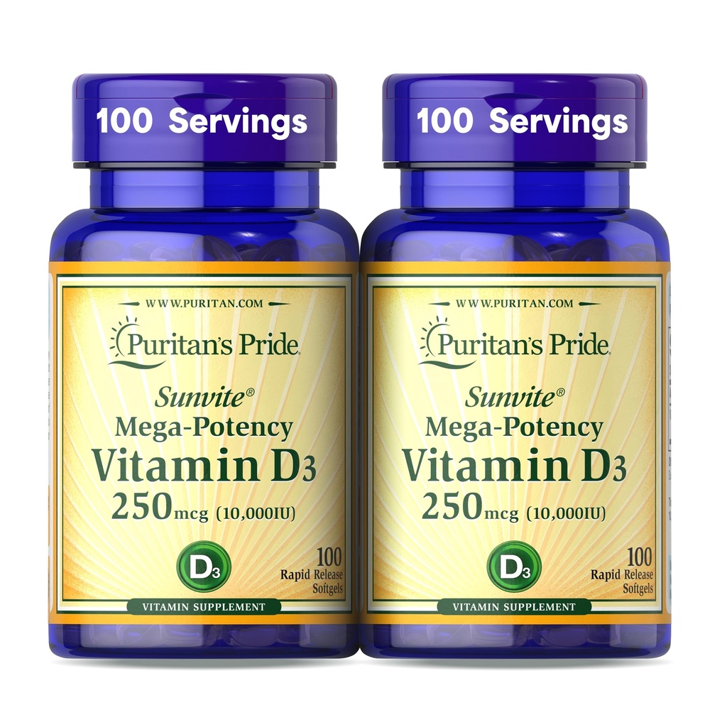 Puritans Pride Premium SunviteTM Mega-Potency Vitamin D3 10 000 IE, Kosttillskott för hälsosamma ben, tänder och immunsystemsupport, 100 Rapid Release Softgels
