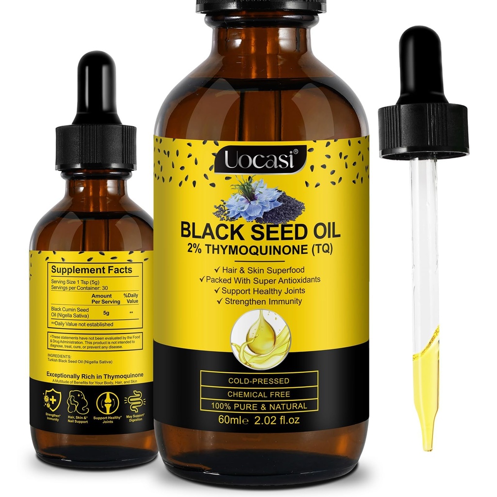 Uocasi Black Seed Oil, Cold Pressed, 100% ren och naturlig, hårväxt & hudvård, 2.02 Fl Oz
