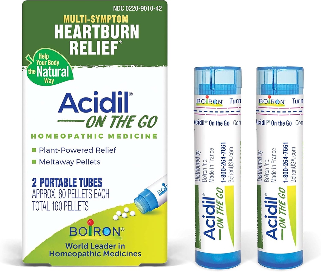 Boiron Acidil On The Go Travel Essential for Help of Acid Reflux, Närästys, ruoansulatushäiriöt, turvotus, ja vatsavaivat - 2 Count (160 pelletit)
