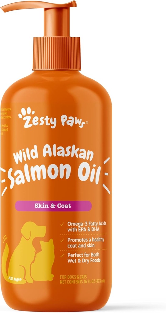 Zesty Tassut Wild Alaskan Salmon Oil koirat ja kissat- iho ja takki tuki, Omega 3 täydentää lemmikkieläimet, 16oz, Pump Top