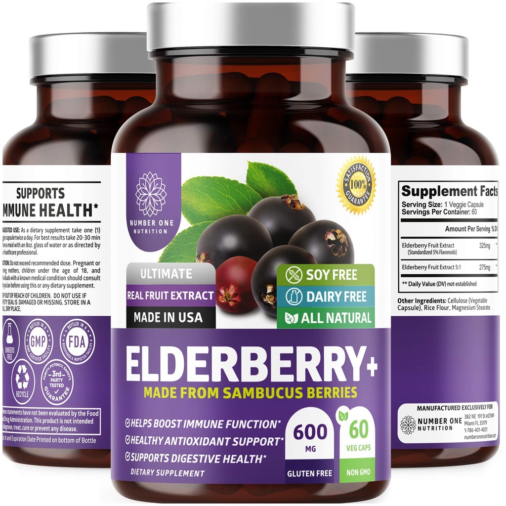 N1N Premium Black Elderberry kapselit aikuisille [Max Strength] Puhdas ja potent Elderberry Sambucus Nigra tukemaan Immuniteetti & ihon terveys, ei-GMO, Gluteeniton, 60 Veg Caps