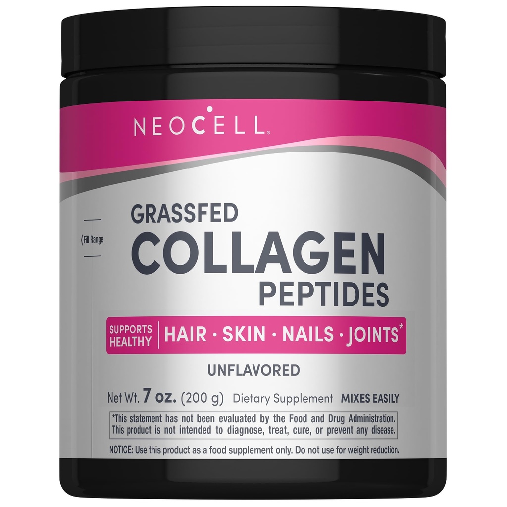 NeoCell Super Collagen Peptides, 10g Collagen Peptides per Tarjoilu, Gluteeniton, Keto Friendly, Ei-GMO, Grass Fed, Terveet hiukset, iho, kynnet ja nivelet, Makuton jauhe, 7 oz., 1 Canister