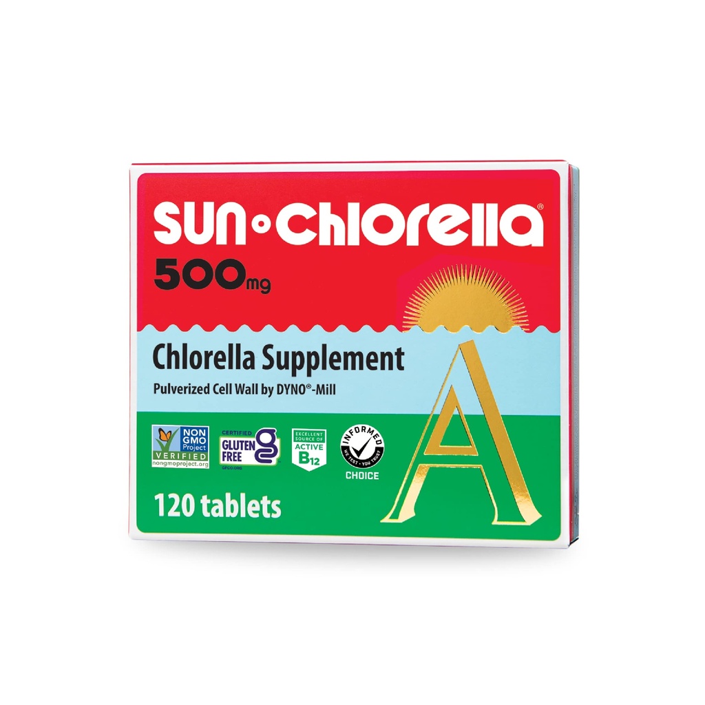 Sun Clorella 500mg Koko kehon hyvinvointi Vihreä Algae Superfood Superfood Superfood Supplement - Immuuni puolustus, Gut Health, Natural Puhdistus, Energia Boost - klorofylli, B12, Rauta, proteiini - ei-GMO - 120 tablettia