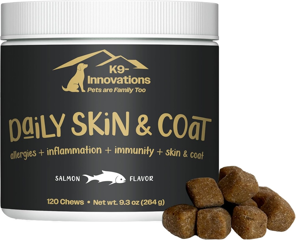 K9-Innovations - Daily Skin & Coat Dog Chews Salmon Flavor - vähentää kutina & Tassun puru, Omega 3 & VIT C ihon terveys - 1-4 kuukauden tarjonta (120qty)