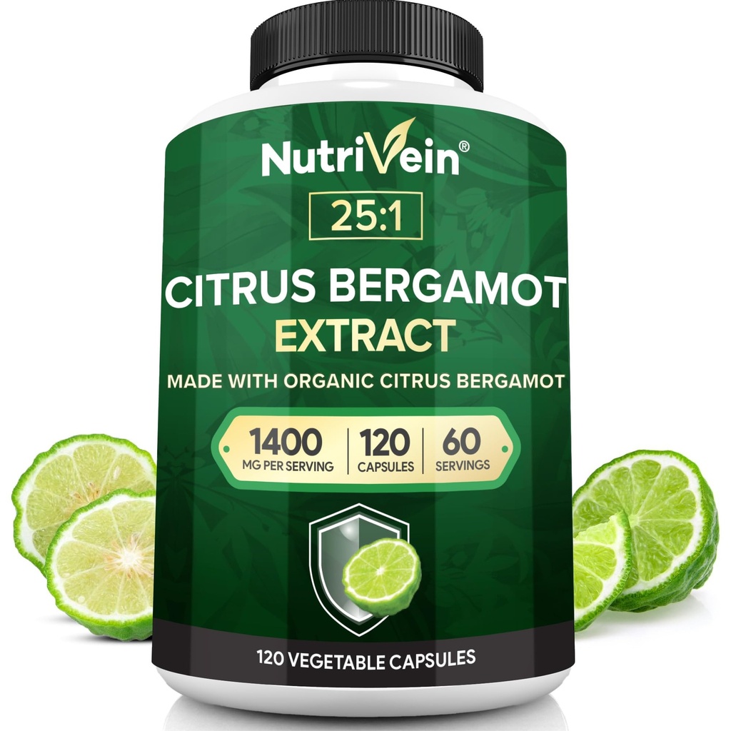 Nutrivein Premium Citrus Bergamot Supplement 1400mg 25:1 Bergamia Extract - 60 Day Supply (120 kapslar): Kraftfull italiensk Citrus Bergamot 1400 mg + Hög koncentration - Hjärta och cirkulationssystem