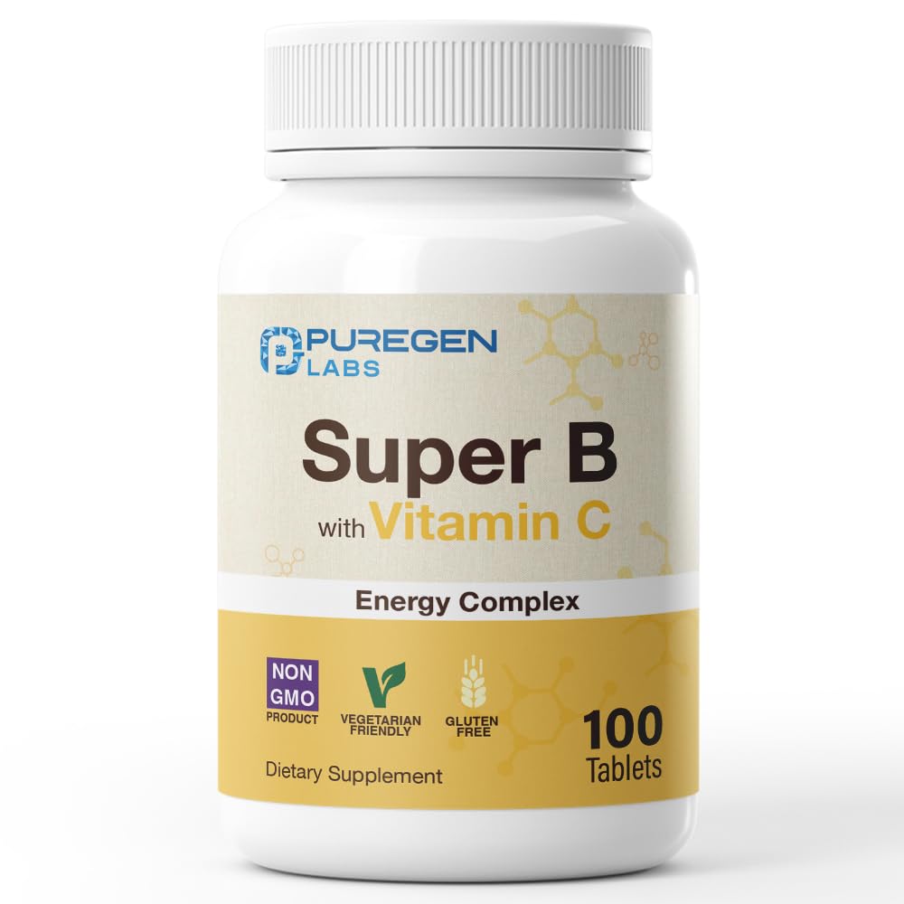 Puregen Labs Super B Energy Complex med vitamin C - Immunhälsa, energi och nervsystem Support - Icke-GMO, Glutenfri 100 Vegetariska tabletter