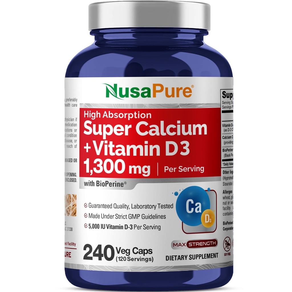 NusaPure Super Kalsium 1300mg, D3-240-vitamiini Kasviskapselit (ei-GMO, soijaton, Bioperine)