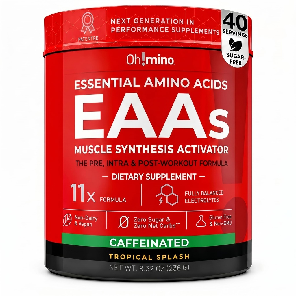 Oh!mino Essential Amino syror tillskott. Tropisk Splash, Cafeeinated Powder. Alla 9 EAAs, BCAA och den perfekta amino för träning, Amino Energy och att bygga muskler och återhämta sig snabbare.