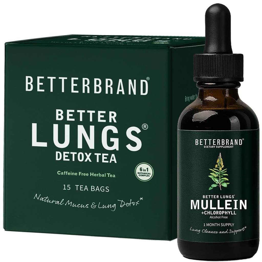 Betterbrand BetterLungs Health Pack - Better Lungs Detox Tea & Mullein Leaf Tincture Drops | (2) Daglig andnings Wellness