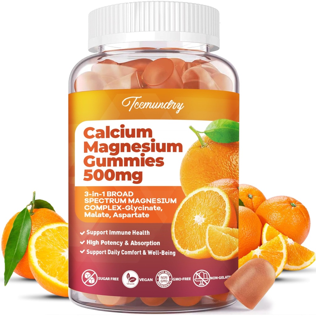 Calcium Magnesium Supplement Gummies for Adults: Calcium Citrate 600 mg med vitamin D3 & K2 för kvinnor män - Stöder B0ne styrka, bättre Zzz, muskler, energi och immun (60 greve)