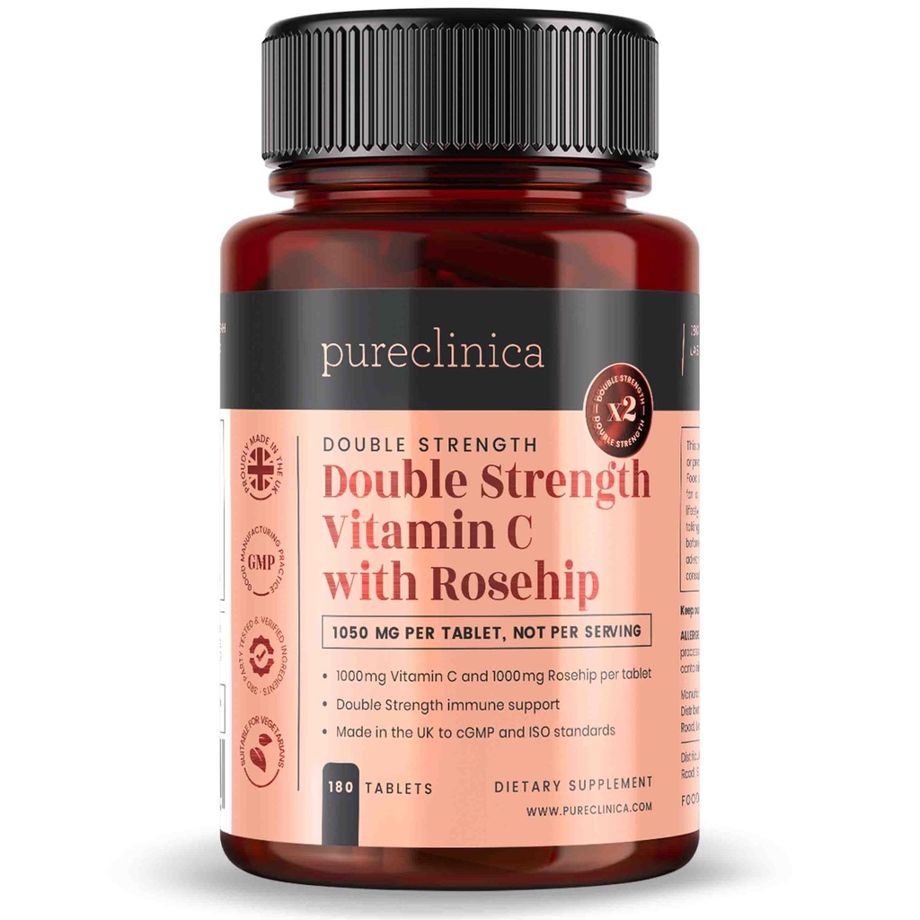 sureklinica C-vitamiinia Rosehip 2000 mg (1000 mg VIT C & 1000 mg Rosehip Extract) x 180 tablettia - 6 kuukautta Supply!