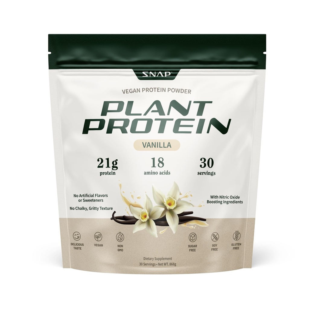 Snap Supplements Organic Plant Based Vegan Protein Powder Nitric Oxide Boosting Protein Powder, Vanilla Bean, BCAA Amino Acid för muskeltillväxt, prestanda och återhämtning - 30 portioner (Vanilla)