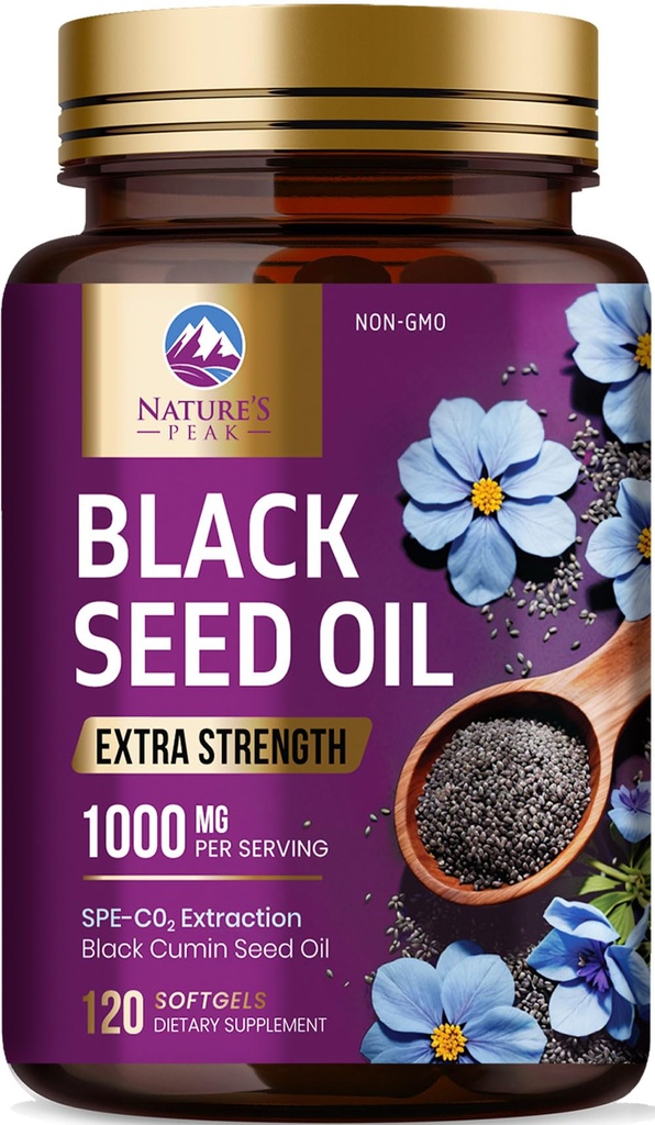 Black Seed Oil 1000mg - Premium Extra Strength Nigella Sativa Mustasiemenöljy - Black Seed Oil Skin, Dgestive Health & Immuuni Support - Ei-GMO Antioksidantti, Gluteeniton täydennysosa - 120 Softgels