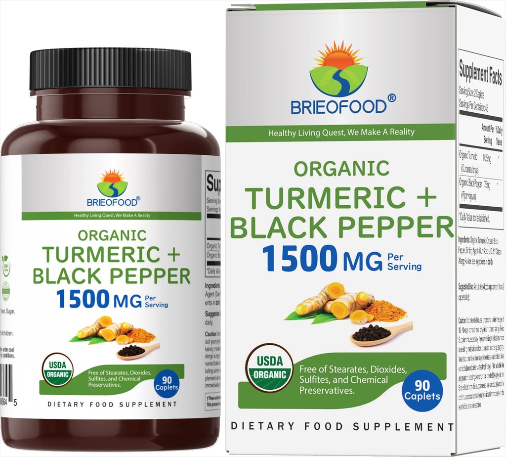 Brieofood Organic Turmeric with Black Pepper 1500mg, 45 Tarjoilut, Kasvisruoka, Gluteeniton, 90 Kasvisruoka Tabletit