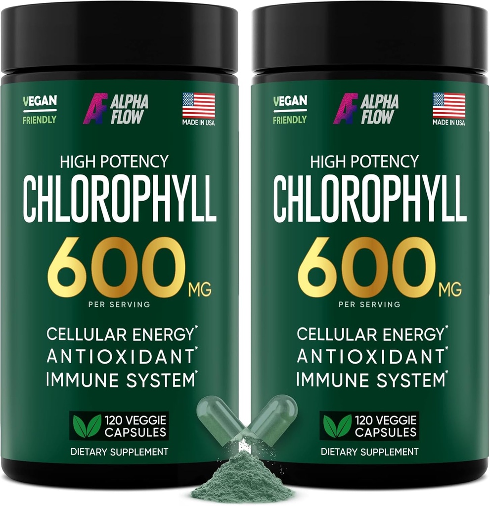 Alpha Flow [2 pakkaus] Klorofyllikapselit 600mg - Klorofylli täydentää energiaa ja ihoa - Sisäinen deodorantti naisille ja miehille - Vaihtoehto nestepillereitä - 240 Vegan pillereitä