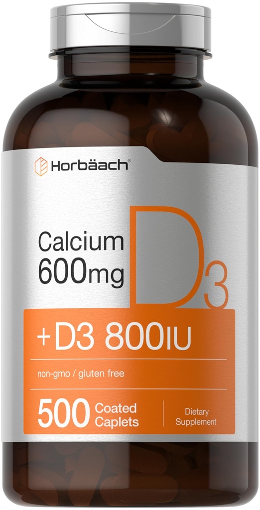 Horbäach Calcium Supplement med vitamin D3 | 600 mg | 500 Coated Caplets | för kvinnor och män | Non-GMO & Gluten Free