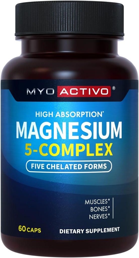5-i-1 Magnesiumkomplex - Hög Absorption - Chelated Magnesium Glycinate, Malate, Citrate, Taurate och Aspartate för Nerves, Muscles, Bones | 60 kapslar | Magnesium Supplement