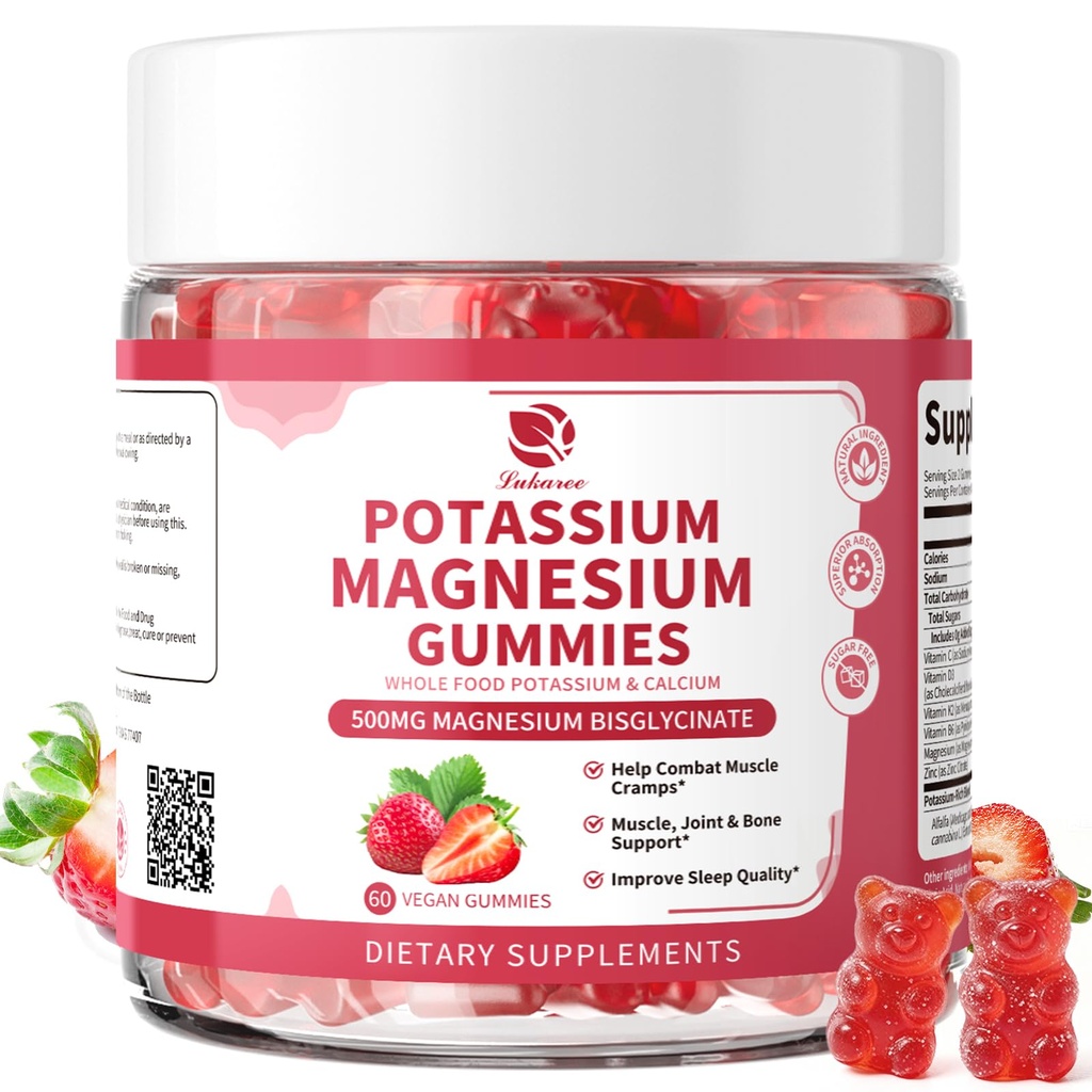 Magnesium Kalium Supplement Gummies - New Formula Calm Magnesium Glycinate Gummies & Potassium Citrate 200 mg Plus Omega 3, B6, D3, K2 & Calcium för Zzz, Leg Cramps & Muscle - 120 greve