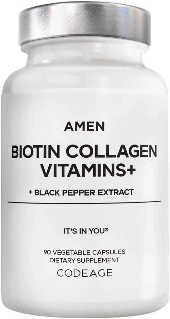 Amen Biotin Collagen Vitamiinit+ 10 000 mikrog Biotin täydennysosa - Hydrolysoitu kollageeni, C & E-vitamiini, Folaatti, hyaluronihappo, Keratin, MSM, Saw Palmetto - 3-kuukautinen toimitus - ei-GMO - 90 kapselia