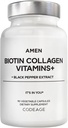 Amen Biotin Collagen Vitamiinit+ 10 000 mikrog Biotin täydennysosa - Hydrolysoitu kollageeni, C & E-vitamiini, Folaatti, hyaluronihappo, Keratin, MSM, Saw Palmetto - 3-kuukautinen toimitus - ei-GMO - 90 kapselia
