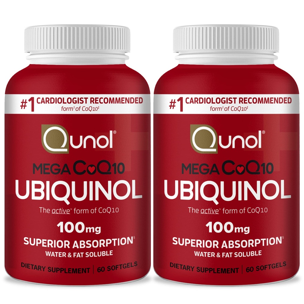 Qunol Mega Ubiquinol Coq10 100mg, Superior Absorption, Patented Water och Fat Soluble Natural Supplement Form of Coenzyme Q10, Antioxidant för hjärthälsa, 60 Softgels, Pack av 2