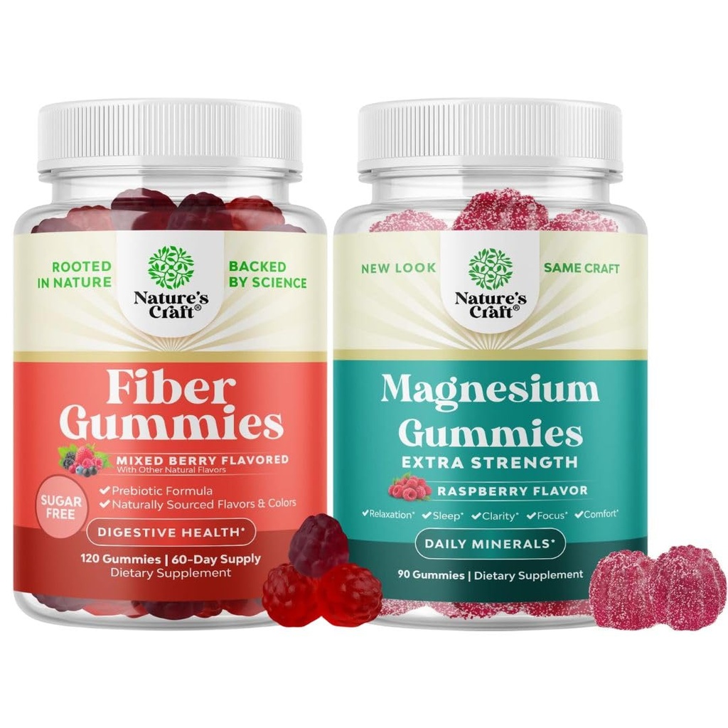 Bundle of Fiber Gummies - Chicory juuri täydentää prebiootti tukea Gut & Ruoansulatuskanavan ja magnesium Gummies - rentouttava Magnesium Citrate - Vadelma maku kehon ja mielen rentoutumista