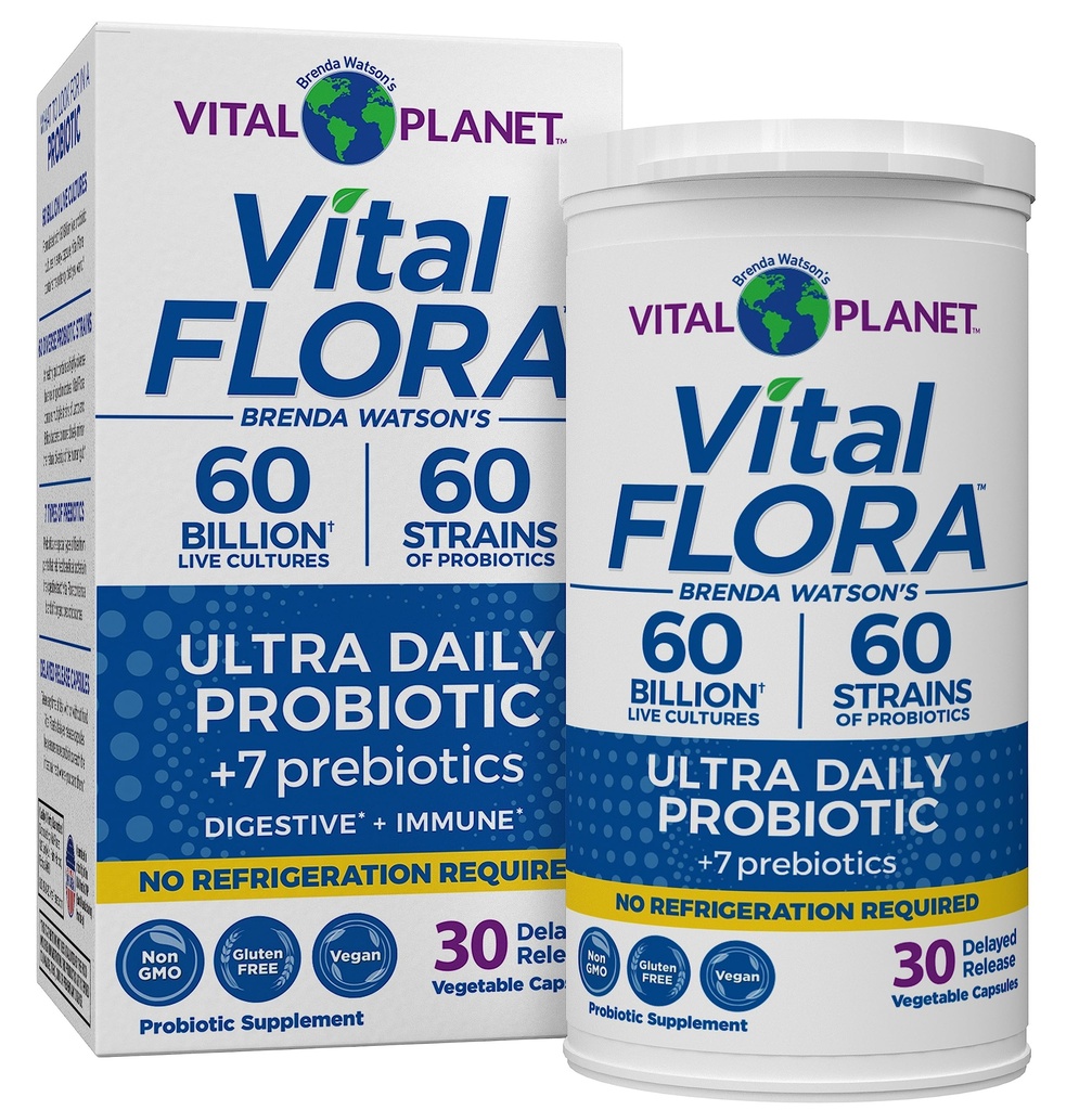 Vital Planet - Vital Flora Ultra Daily Probiootti 60 miljardia PMY, 60 Diverse kanta, 7 Organic Prebiootit, Immunosupport, Ruoansulatusterveys Hylly Stable Probiootit naisille ja miehille 30 kapselia