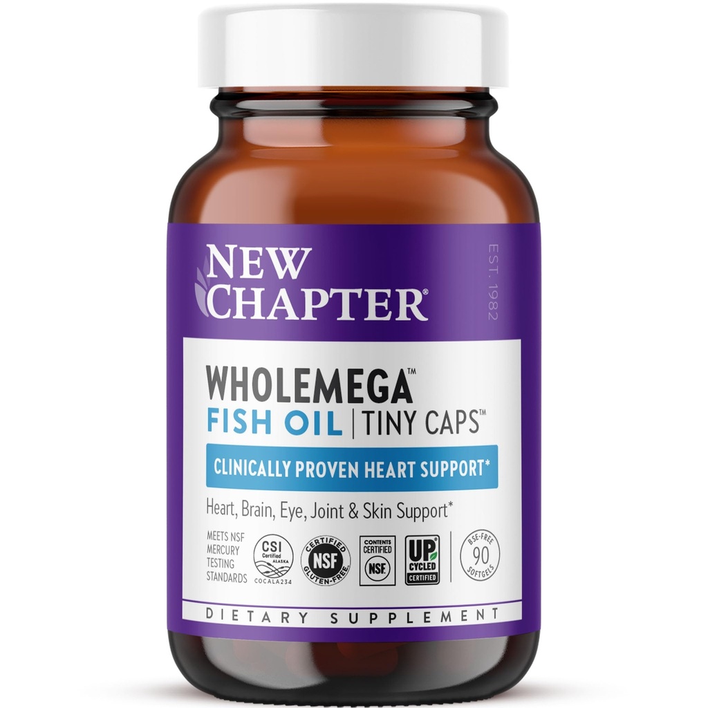 Uusi luku Wholemega Fish Oil Supplement, Tiny Capsules, 2000mg per Serving, Kliinisesti todistettu Wild Alaskan Salmon Oil Omega-3 + D3-vitamiini + Astaksantiini, 500 mg Each - 90 Count