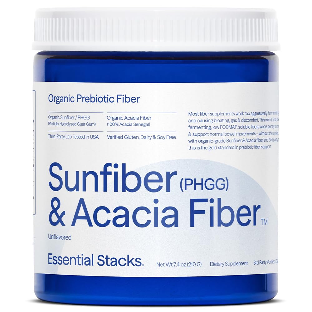 Essential Stacks Organic Sunfiber Prebiotic Fiber (osittain hydrolysoitu Guar Gum / PHGG) Acacia Fiber Powder - Gluteeniton, ei-GMO & maustamaton liukoinen kuitu (7.4 oz)