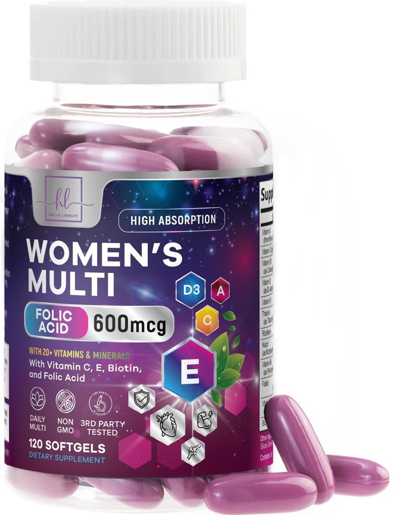 Monivitamiini naisille - Päivittäinen naisten monivitamiinit Biotiini, kalsium, Foolihappo, Rauta, Sinkki, A-vitamiini, C-, D-, E- ja B-vitamiinit, naisten hiusten iho ja kynsien vitamiinit täydentää - 120 Softgels