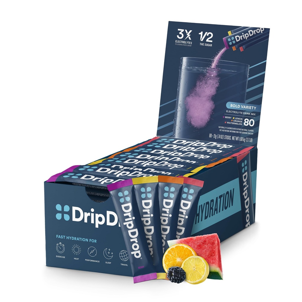 DripDrop Hydration Packets - Bold Variety Pack - Single Serve Electrolytes Powder Drink Mix - Watermelon, Berry, sitruuna, appelsiini - ei-GMO, Gluteeniton, Vegan - 80 Sticks