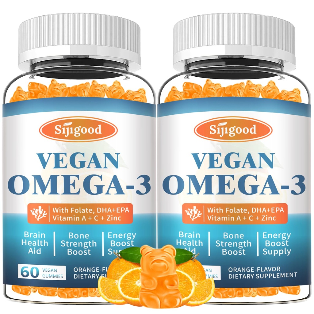 2 Pack Omega-3 Gummies Potent Algae Omega Source, Boost Brain, Eye & Immuuni Function, DHA ja EPA Vegan & Sugar Free, Orange Flavor, 120 Count