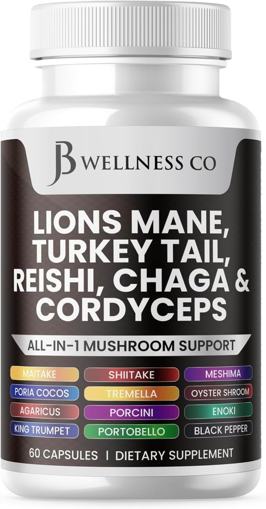 Lions Mane Supplement Cognitive Support, Immune Health med Turkiet Tail 20in1 Mushroom Reishi Cordyceps Chaga med Marshmallow Root 60 Count