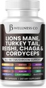 Lions Mane Supplement Kognitiivinen tuki, Immuuniterveys Turkki Tail 20in1 Sieni Reishi Cordyceps Chaga Marshmallow juuri 60 Count