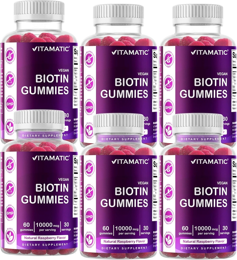 Vitamatic Biotin Gummies 10 000 mikrog vahvempi hiukset, iho & kynnet - 60 Vegan Gummies - myös kutsutaan B7-vitamiini (6 pullot)