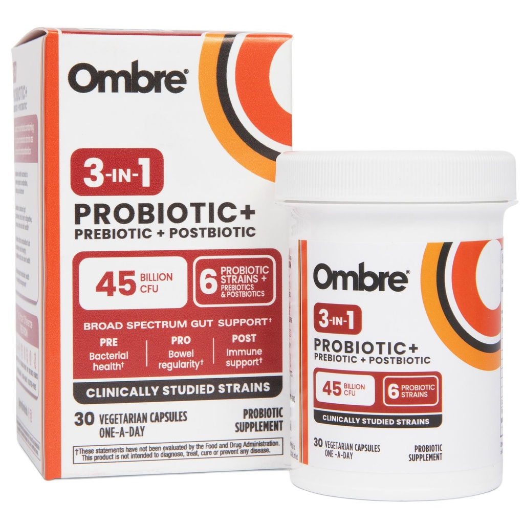 Ombre 3-in-1 Probiootti, Prebiootti ja Postbiootti Dgestive Health & Gut Health - 45 miljardia PMY - Turvotus, Ummetus ja kaasutus - Metabolinen ja immuuni tuki naisille ja miehille, 30 päivän tarjonta