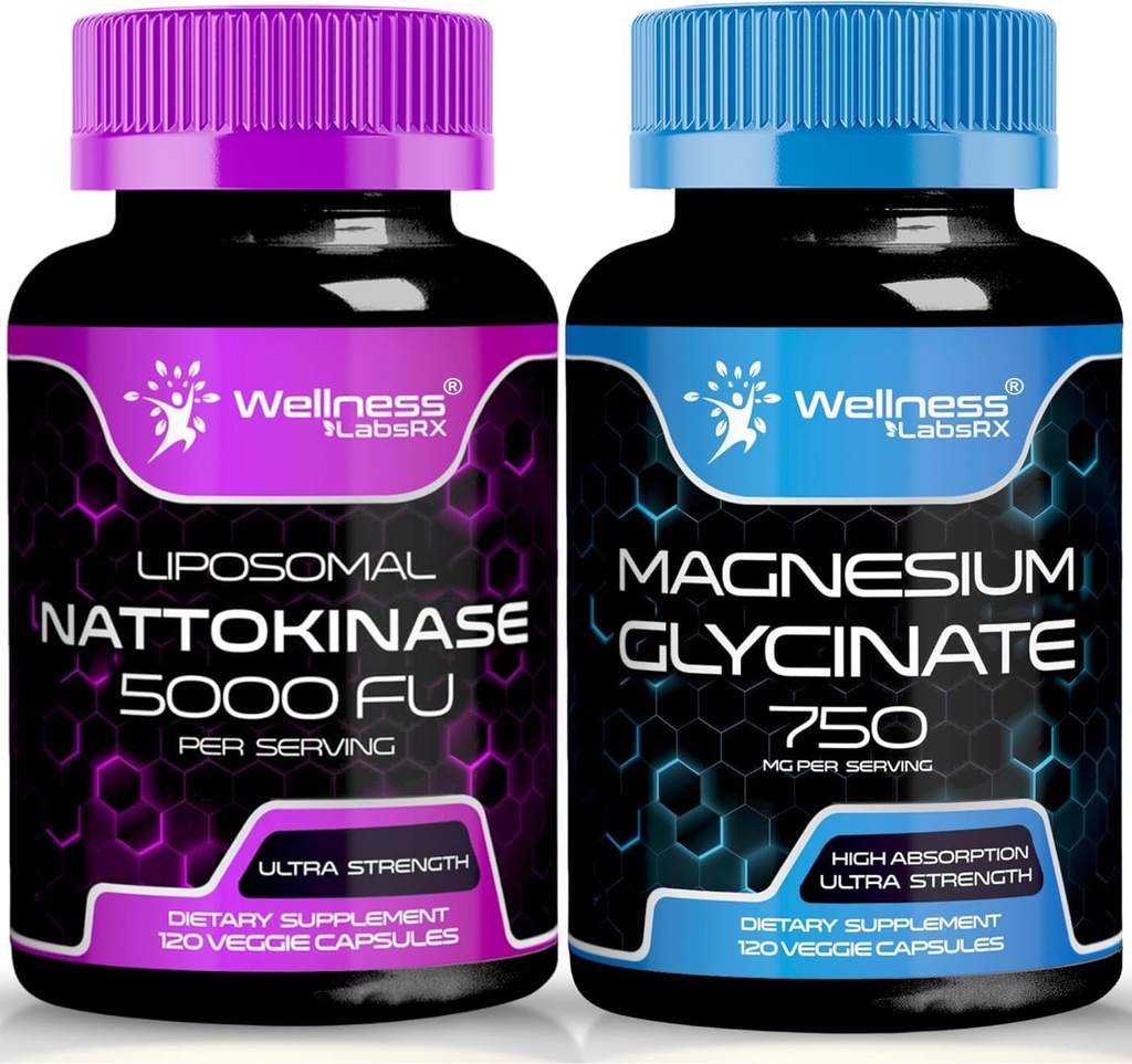 WELLNESS LABSRX Nattokinaasilisäkapselit - 5000 FU - Magnesiumglykonaattikapseli 750 MG