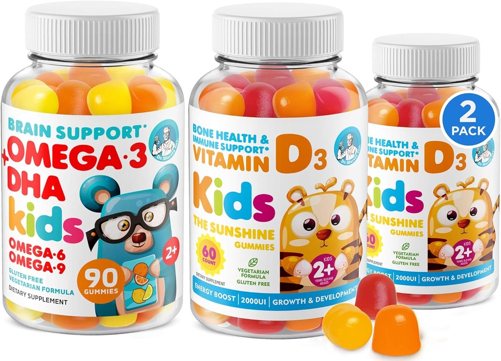 Omega 3 DHA Gummies ja D-vitamiini Gummies lapsille ja aikuisille - Ei kalaöljyä ja gluteeniton Immuuniton terveys kasvi perustuu kuitu purutabletti