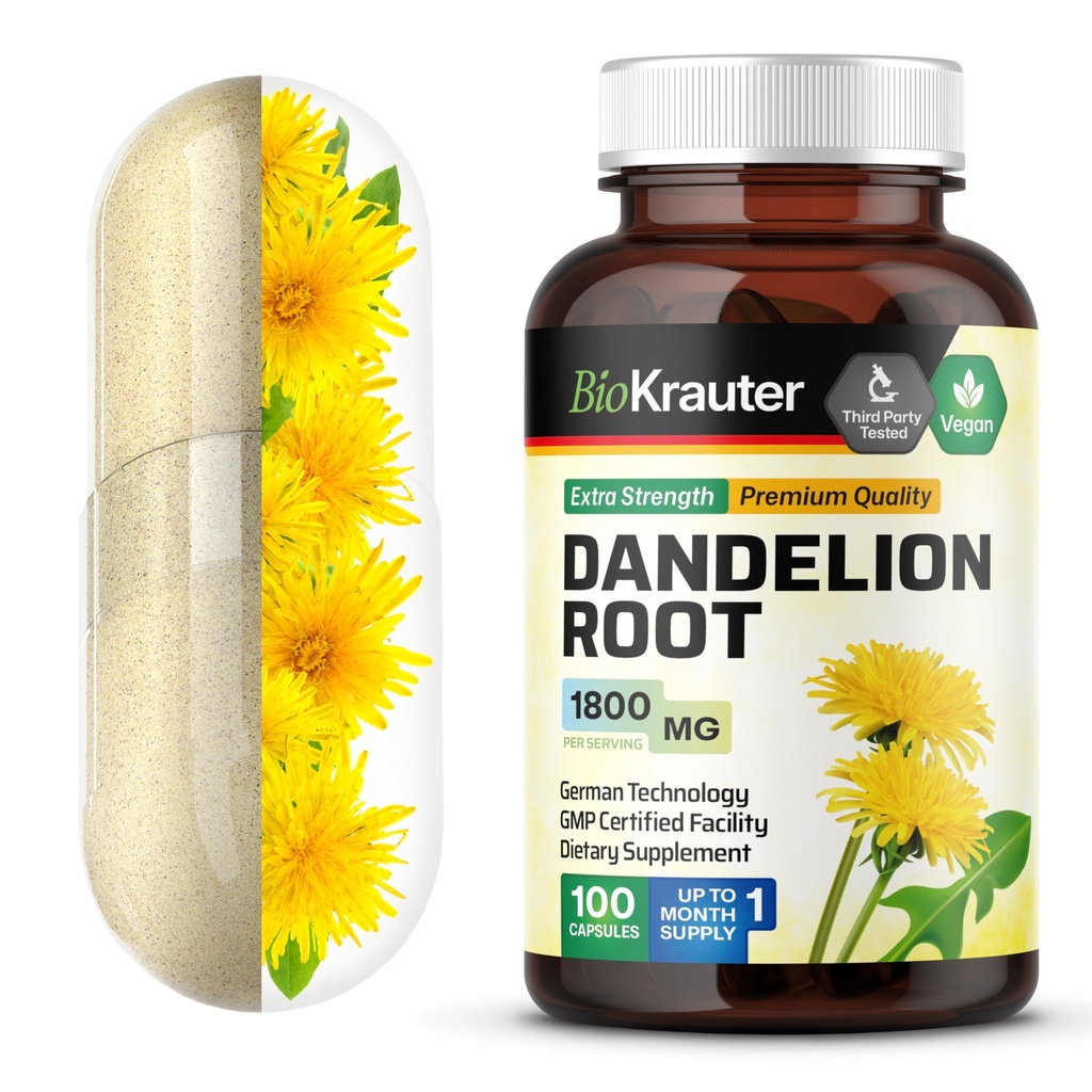 BIO KRAUTER Dandelion Root Capsules - 1800 mg Styrka - 100 greve - Dandelion Root Supplement - Vegan Capsules för Liver Support