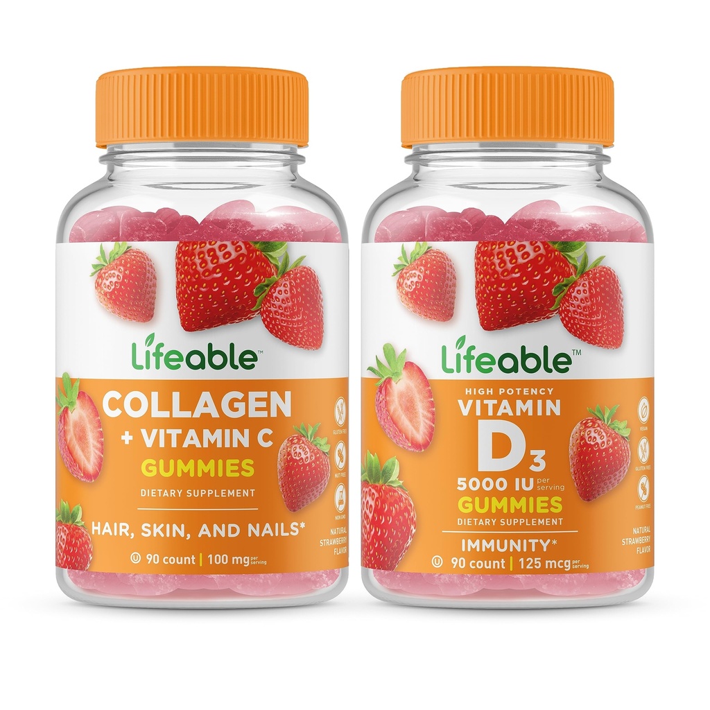 Elinkelpoinen kollageeni & C-vitamiini + D-vitamiini 5000 IU, Gummies Bundle - suuri kastike, vitamiinilisä, gluteeniton, GMO-vapaa, purukumi