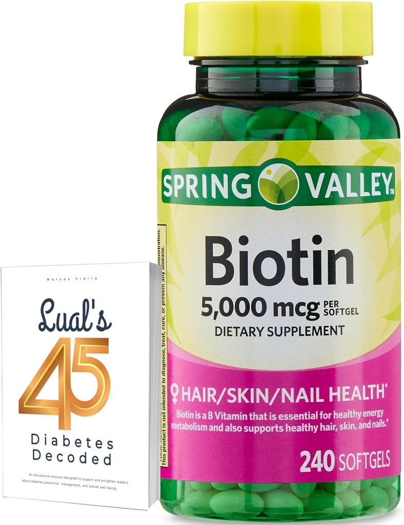Spring Valley Biotin 5000 mikrog 240 kreivi, ravintolisä hiukset ihon kynnet, hiusten vitamiineja hiusten menetystä naisille Bundle kanssa Lualin 45 diabetes dekoodattu