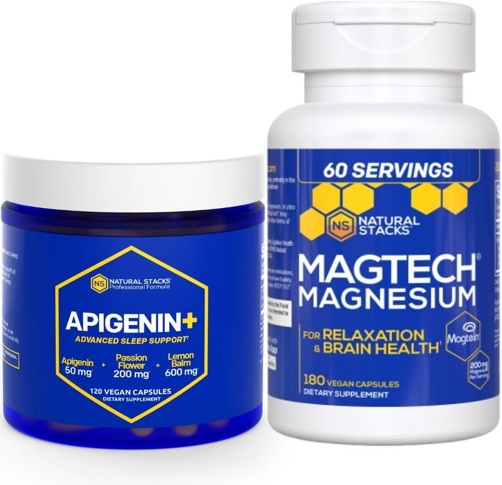 NATURAL STACKS Apigenin for sleep + Magtech Magnesium täydentää Bundle - Tukee Sleep & Brain Health * - 300 Kapselit yhteensä