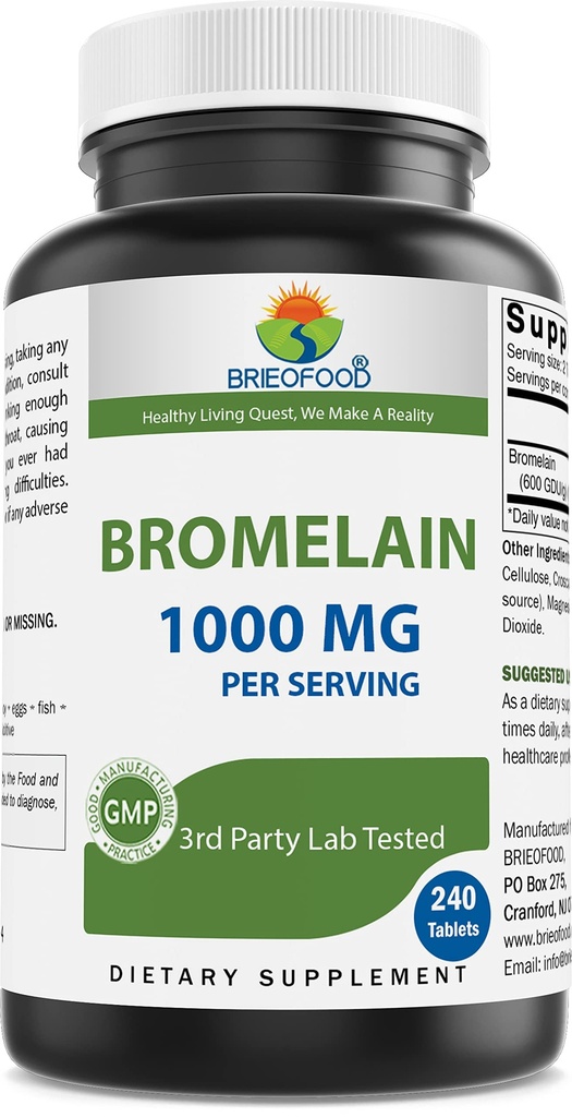 Brieofood Bromelain 1000 mg per 240 tablettia - Proteolyyttinen Dgestive Enzyme - Tukee terveellistä digestiota, yhteinen terveys, ravintoaineiden imeytymistä