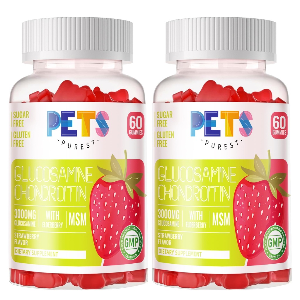 Lemmikkieläimet Puhdas Glukosamiini Chondroitin Gummies MSM & Elderberry Extra Strength - Joint Support, antioksidantti Immuuni tuki täydentää aikuisille, miehet & naiset.(2 Pack) Mansikka