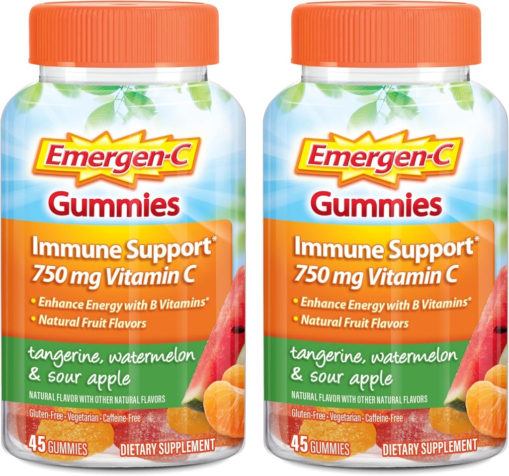 Emergen-C-vitamiini C Gummies, ravintolisä immuunitukea, tangeriini, vesimeloni ja hapan Apple Flavor - 45 Count x 2 (pakkaus 2)