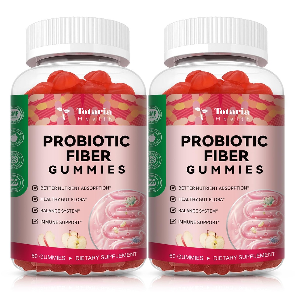 9-i-1 Probiotiska Fiber Gummies för vuxna & Teens 16G Fiber per portion, Psyllium Fiber Supplement med 5 miljarder CFU Bacillus Coagulans, Inulin, ACV för Digestive, Gut & Immune Wellness - 2 flaskor