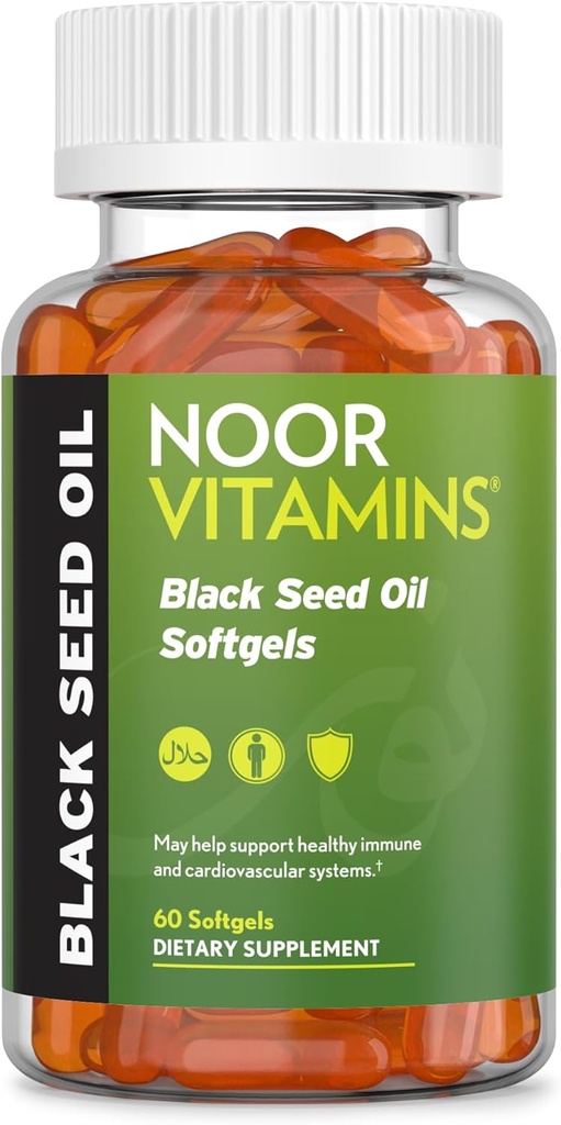 Noor Vitamins Halal Black Seed Oil Capsules, Halal Vitamins, 1000 mg Black Seed Oil från Nigella Sativa, Thymoquinone, Non-GMO, Gluten Free, 60 Count
